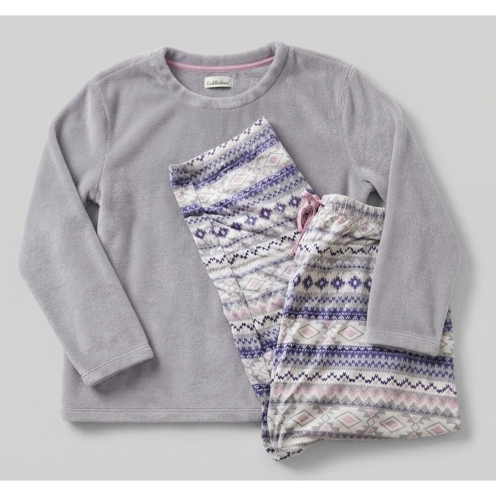 Cuddl Duds Women XL 2 Pc Pajama Set Gray Cable Textured Fleece Top Aztec Pants
